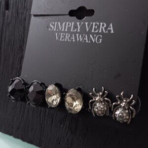 VERA WANG 3pc Goth Hematite Spider/Black + Green-Gray Crystal Stud Earrings**NEW